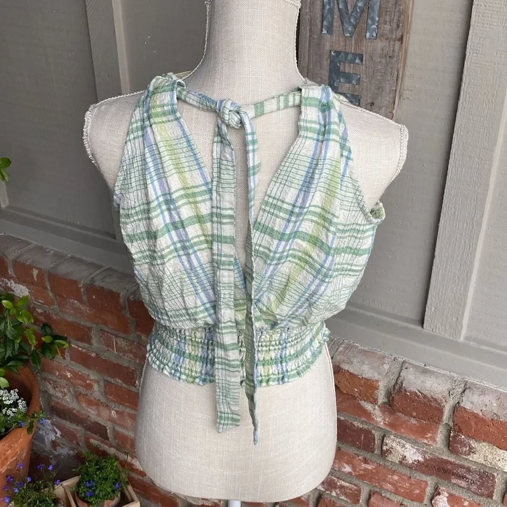 NWT Monteau Boho Plaid Smoked Halter Tie Tank Top Size: M - Picture 3 of 8